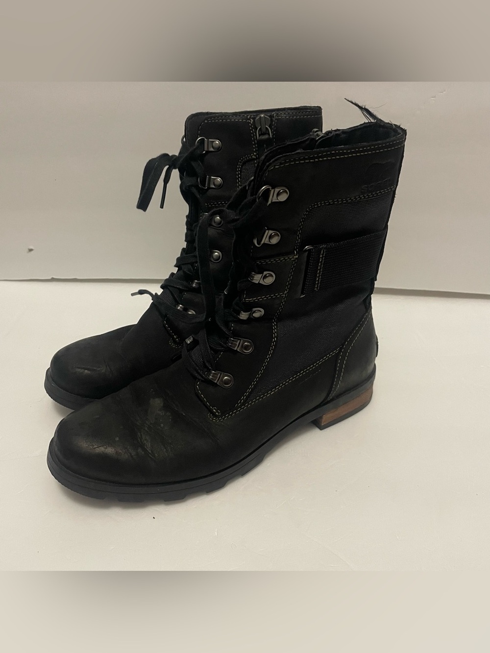 Sorel-Emelie Conquest Combat Leather Lace Zip Boots Women 9 US NL3042-010